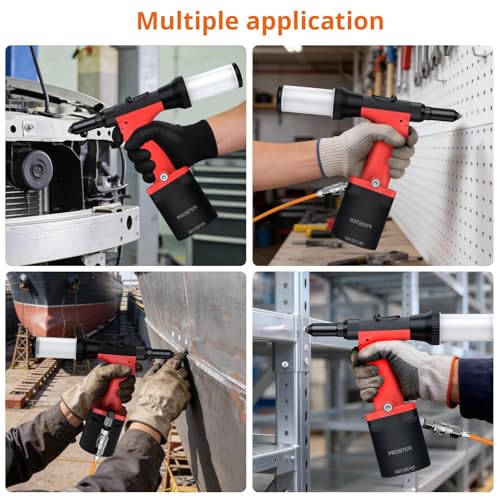 Proster Self-Suction Pneumatic Rivet Gun - Automatic Rivet Loading with 4 Nosepieces (3/32", 1/8", 5/32", 3/16"), 360° Swivel Air Hose Fitting for Automotive Marine Metal Fabrication - size: 4 Nozzles