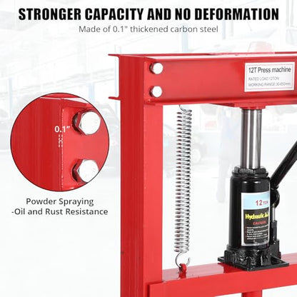12T Hydraulic Press, Heavy-Duty h-Frame Garage Floor Hydraulic Shop Press - color: Red + Black