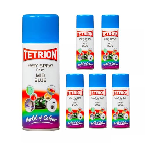 Tetrion Easy Spray Paint – Mid Blue 400ml (Pack of 6) - All-Purpose Fast Drying Acrylic Spray for Wood, Metal, Plastic, Ceramic & More, Smooth Base Coat - Indoor & Outdoor Use, 13.5 Oz - color: Blue - Mid, size: 13.53 Ounce (Pack of 6)