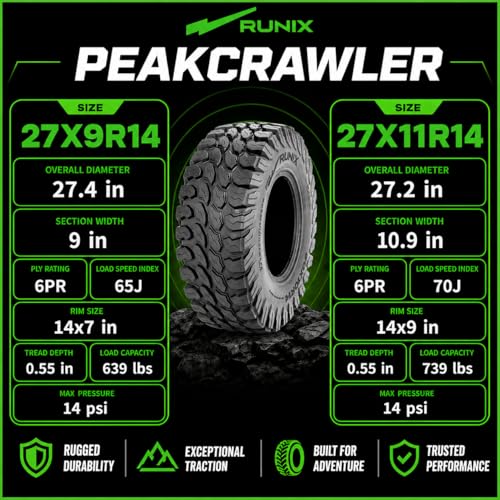 RUNIX ATV UTV Radial Tires, RUNIX PeakCrawler, 27X9R14 Front, 27X11R14 Rear, Set of 4, Radial Tire, All Terrain, 6PR, Tubeless, 27X9-14, 27X11-14 - size: 27X9R14 & 27X11R14