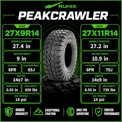 RUNIX ATV UTV Radial Tires, RUNIX PeakCrawler, 27X9R14 Front, 27X11R14 Rear, Set of 4, Radial Tire, All Terrain, 6PR, Tubeless, 27X9-14, 27X11-14 - size: 27X9R14 & 27X11R14