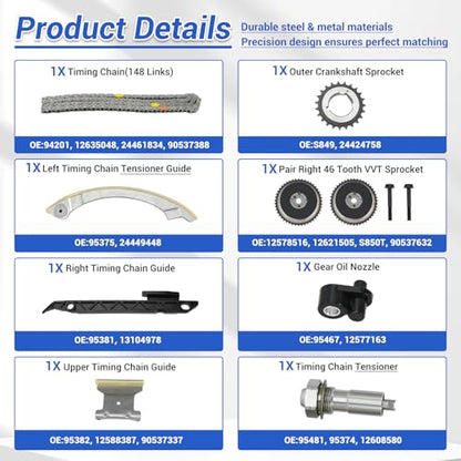 2.4 Ecotec Timing Chain Kit W/VVT Sprocket Compatible with 2009-2017 Chevy Equinox Malibu Cobalt, GMC Terrain, Buick Lacrosse Regal Verano, Pontiac G5 2.2 2.4L Replace 9-4201SAVVT1 12588387 - size: 9-4201SAVVT1