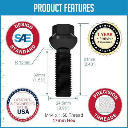 Wheel Accessories Parts 20 Pcs M14 x 1.5 Ball Seat OEM Style Lug Bolt 17mm Hex 39mm Thread Length Black Finish Maybach 57 Maybach 62 ｜ Mercedes-Benz E-Class G-Class G-Class AMG - size: M14 x 1.50, style: Factory Seat - 10/12mm Spacer Length - Black