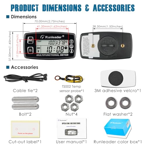Runleader Digital Tach Hour Meter Engine Temperature Gauge RL-HM035A-TS002 - size: RL-HM035A-TS002