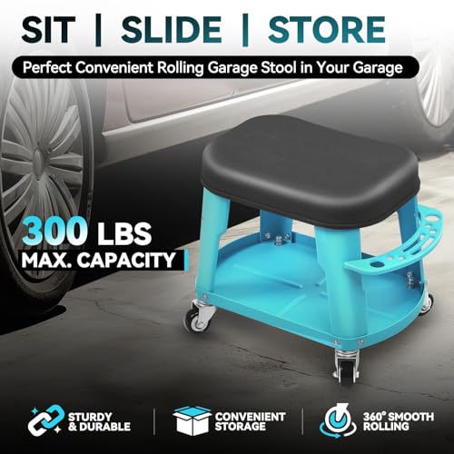 Auto Dynasty Mechanic Roller Stool, 300 LBS Capacity Rolling Creeper Garage Shop Seat with Tool Tray, Heavy Duty Mechanic Roll Repair Chair for Workshop Household Home Warehouse Office, Sky Blue - color: Sky Blue