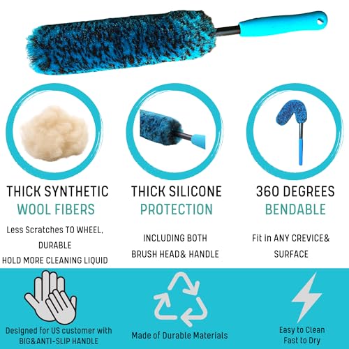 oesee PRO Choice 4 Pack Long Handle Wheel Brush Kit for Cleaning Wheel and Tire- 2X Soft Wheel Cleaning Brush, Detailing Brush and Stiff Tire Brush - color: Blue/Black, size: 4-Pack