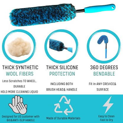 oesee PRO Choice 4 Pack Long Handle Wheel Brush Kit for Cleaning Wheel and Tire- 2X Soft Wheel Cleaning Brush, Detailing Brush and Stiff Tire Brush - color: Blue/Black, size: 4-Pack