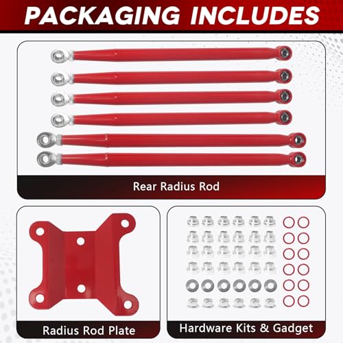 Rear Radius Rods for Can-Am Maverick X3 (64" Body) - for 2017–2021 X RC/RS/MR/MAX Models, Heavy-Duty Pre-Adjusted Steel with Heim Joints - Red - size: 64" Body- Red