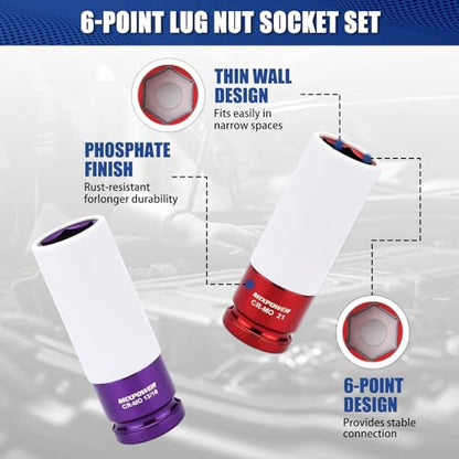 MIXPOWER 5 Pieces 1/2" Drive Wheel Protector Impact Socket Set, CR-MO, Metric/SAE, Thin Wall Deep Impact Socket Set, 6 Point, Color-Coded, 17mm, 19mm, 21mm, 13/16", 7/8" - size: 17 mm, 19 mm, 21 mm, 20.64 mm, 22.23 mm