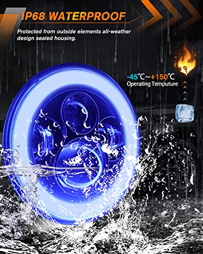 DOT 7 Inch LED Headlight Motorcycle Blue Halo High/Low Beam, Motorcycle LED Headlight Projector Angel Eyes Light JK LJ CJ Headlamp Replacement, 1PC - color: Blue&Amber Halo