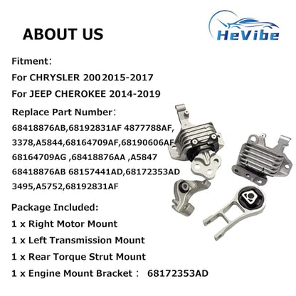 Engine Motor and Transmission Mount Set Fit for Jeep Cherokee 2014-2017 2.4L Replacement 68418876AB 68192831AF 68157441AD 68172353AD HeVibe 4PCS