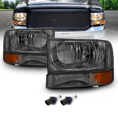 AmeriLite OE Smoke Replacement Headlights 4pcs Set w/Socket Bulb for 1999-04 Ford Excursion/Super Duty F250 F350 F450 F550 Truck - Passenger and Driver Side - color: Smoke