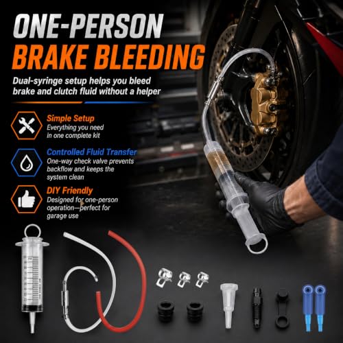 Brake Bleeder Kit, 31-Piece One-Person Brake & Clutch Bleeding Tool with 2 x 100ml Syringes, One-Way Check Valve Hoses, Quick Adapters & Clamps for Motorcycle, ATV, Car and Light Truck
