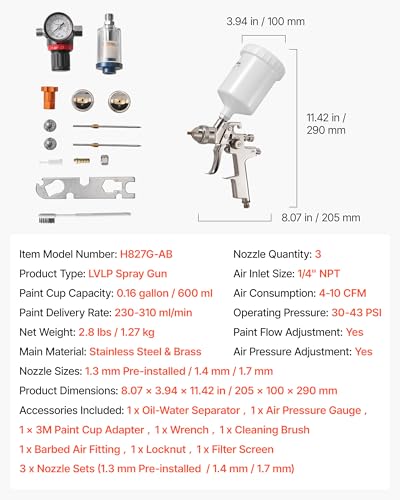 VEVOR LVLP Air Spray Gun, Gravity Feed Paint Sprayer Gun with 3 Nozzles (1.3/1.4/1.7mm), 600ml Capacity Automotive Paint Sprayer with Air Regulator for Furniture, Car Painting, Home Improvement - size: LVLP -1.3/1.4/1.7mm