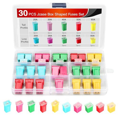 Nilight 30PCS Jcase Tall Low STD Profile Box Shaped Fuse Car Assortment Kit - color: 30PCS Jcase Box Fuses