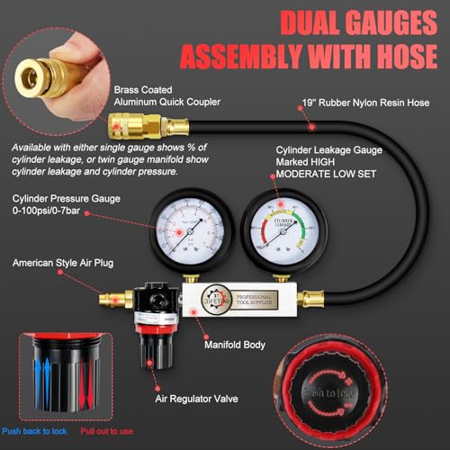 JIFETOR Cylinder Leak Down Tester 10PC Kit Professional Dual Pressure Gauge - color: Red Case