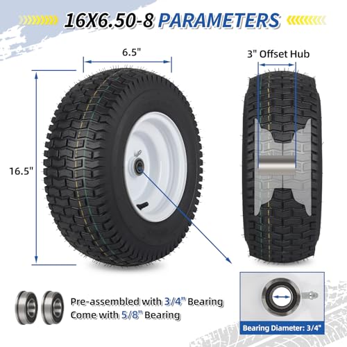GICOOL 16x6.50-8 Tubeless Tire and Wheel, 16x6.5-8" Lawn Mower Tires, 3"-4.5" Offset Hub, 3/4" or 5/8" Bearing, Universal Fit Riding Mower and Garden Tractor Front Wheels, 4 Ply, Turf Pattern, 2 Pack - size: 16x6.50-8 Tubeless (3" Offset Hub)