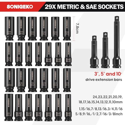 29-Piece 1/2" Drive Impact Socket Set，(3/8"-1", 10mm-24mm) - size: 29 PCS, 1/2" Socket Set, Metric & SAE