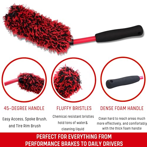 oesee Wheel Brush Kit 3 Pack- Microfiber Wheel Brush, Wheel Barrel Brush, Detailing Brush Scratch Free Calipers Wool Spoke Brush Cleans Brake Dust from Barrels& Hard to Reach Areas - color: Red/Black, size: 3-Pack
