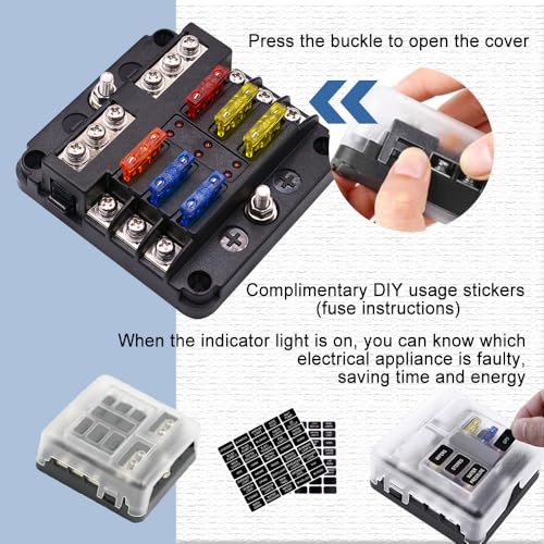 12V Fuse Block, Waterproof 6 Way Fuse Box with LED Indicator for 12V/24V Automotive Golf Cart Truck Car Boat Marine RV Motorcycle - color: 6 Way Fuse Box