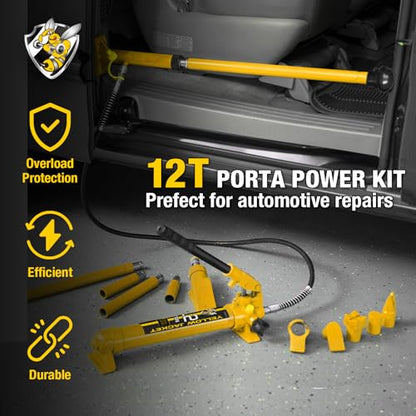 YELLOW JACKET 12 ton Porta Power Kit Hydraulic Ram Jack Pusher Puller Auto Body Frame Repair Tool with Blow Mold Carrying Storage Case for Car Repair,Truck,Farm - size: 12 Ton