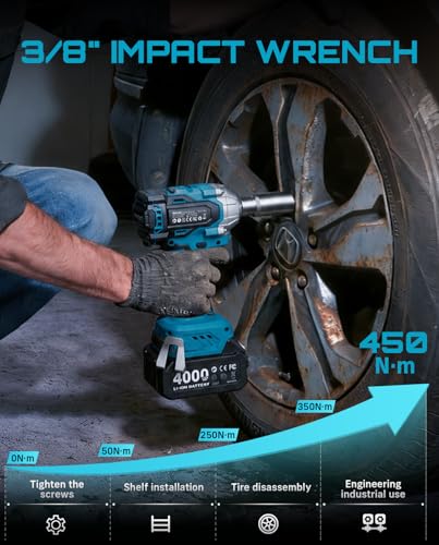 Seesii 3/8" Cordless Impact Wrench, Power Impact Gun w/Max Torque 330Ft-lbs(450N.m), 4.0Ah Rechargable Battery & 4 Sockets, Compact Power Impact Wrench for Lightduty Work Car Home,WH450