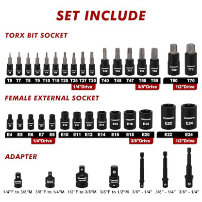 CASOMAN 71-Piece Master Hex & Torx Bit Socket Set, 1/4" & 3/8" & 1/2" Drive, Metric/SAE Hex Bit Sockets, Star Bit Sockets (T6 - T70), E-Torx Sockets (E4 - E24), with Storage Case