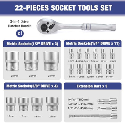 WORKPRO 22-Piece Socket Wrench Set, Metric Ratchet Wrench Set