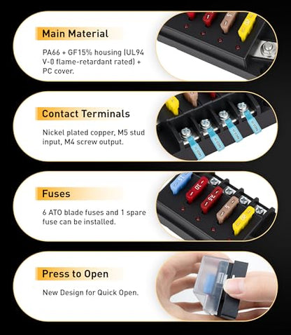 4 Circuits Waterproof Marine Fuse Panel, ATO Blade Fuse Block with LED Indicator 12V 24V Golf Cart Fuse Box 12 Volt Marine Fuse Block with Protection Cover for Car Automotive Boat RV Truck - color: 4 Way Fuse Block - Single Side