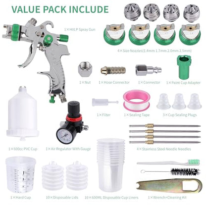 HVLP Spray Gun Kit, 4 Nozzles,10 Disposable Paint Cup System,Green - color: green