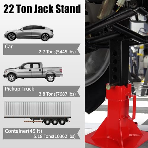 22 Ton Jack Stands, Heavy Duty Pin Type Jack Stand Pair with Safety Lock for Trucks, Trailers and Heavy Equipment Stands, Adjustable Height up to 19", 44,000 lbs Load Capacity, Red