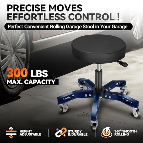 Auto Dynasty Rolling Mechanic Stool, Height Adjustable Heavy Duty Roller Creeper Garage Shop Seat with Padded Seat for Workshop Auto Repair, 300 LBS Capacity, Blue - color: Blue