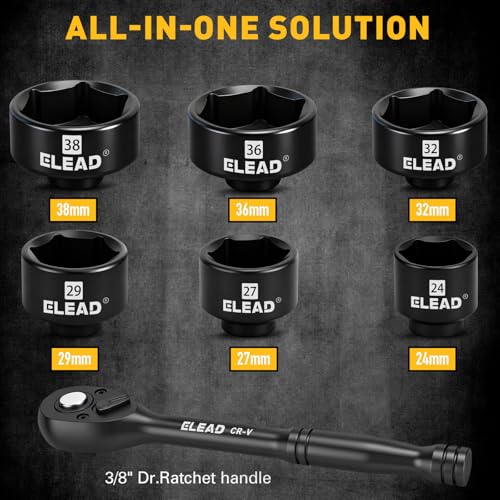 ELEAD 7-Piece 24-38mm Oil Filter Socket Wrench Set, 3/8'' Drive Oil Filter Cap Removal Tool, Oil-change Kit with 3/8'' Drive Ratchet Wrench Handle, Compatible with Toyota BMW Audi VW Porsche Vehicles - style: 24-38mm