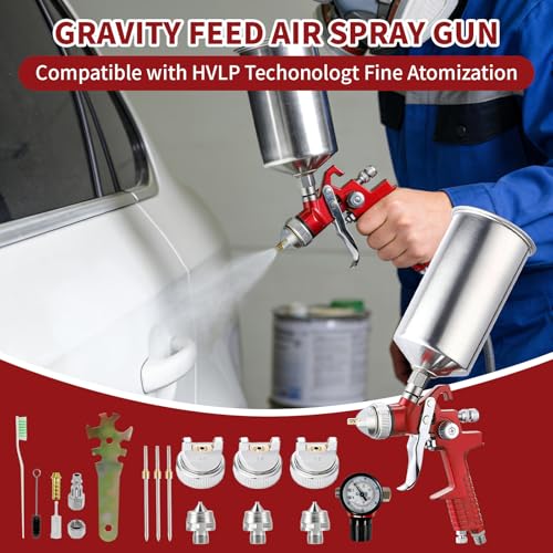 HVLP Gravity Feed Spray Paint Gun Kit, 1.4mm, 1.7mm, 2.0mm & 2.5mm Nozzles, 1000cc Aluminum Cup, for Painting, Topcoat & Touch-Up