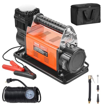 VEVOR 12V Portable Tire Inflator, 7.06CFM Heavy Duty Air Compressor, 150PSI Offroad Air Pump with Adapters for Car SUV RV Truck - Include 6.5FT Power Cord, 26FT Air Hose with Pressure Gauge, Carry Bag - style: 7.06CFM