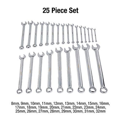 Sunex Tools 9917MPRA Metric V-Groove Combination Wrench Set, 8mm - 32mm, Fully Polished, 25-Piece (Includes Roll-Case)