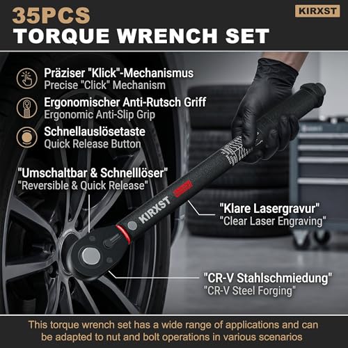 35PCS 1/4" 3/8" 1/2" Drive Click Torque Wrench, 72 Teeth Dual-Direction Adjustable, ±3% Accuracy Click Torque Wrench Set for Car, Motorcycle Maintenance - size: 35pcs