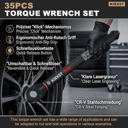 35PCS 1/4" 3/8" 1/2" Drive Click Torque Wrench, 72 Teeth Dual-Direction Adjustable, ±3% Accuracy Click Torque Wrench Set for Car, Motorcycle Maintenance - size: 35pcs
