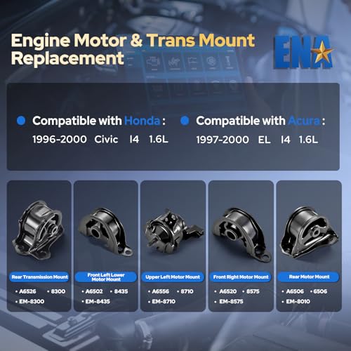 ENA Engine Motor Transmission Mount Set of 5 Compatible with Honda 1996 1997 1998 1999 2000 Civic 1.6L Front Rear Replacement for A6520 A6502 A6556 A6506 A6526