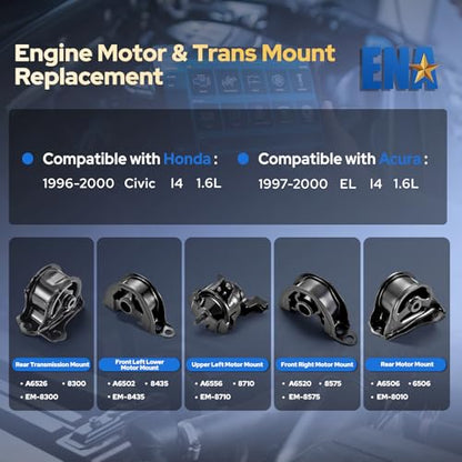 ENA Engine Motor Transmission Mount Set of 5 Compatible with Honda 1996 1997 1998 1999 2000 Civic 1.6L Front Rear Replacement for A6520 A6502 A6556 A6506 A6526