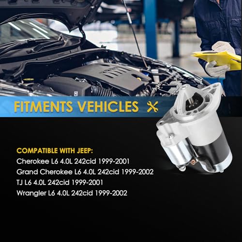17749N Starer Replacement New for 4.0L 1999-2001 Cherokee, 1999-2002 Grand Cherokee TJ, 1999-2004 Wrangler, L6 12V 1.6kW 10 Teeth SMT0077 410-48052 17749N 336-1691A M001T84381 - color: 17749