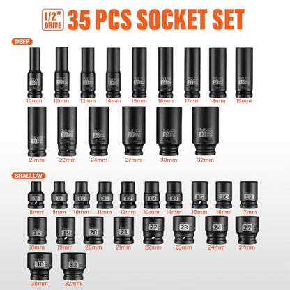 1/2" Drive Impact Socket Set, 35 PCS Shallow (8mm-32mm) & Deep (10mm-32mm) - size: 1/2" Deep&Standard 35pc
