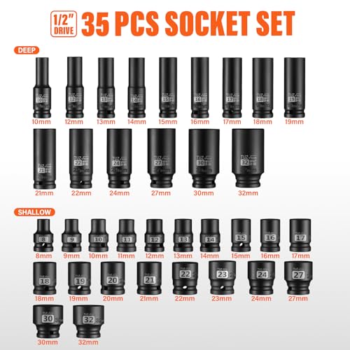 1/2" Drive Impact Socket Set, 35 PCS Shallow (8mm-32mm) & Deep (10mm-32mm) - size: 1/2" Deep&Standard 35pc