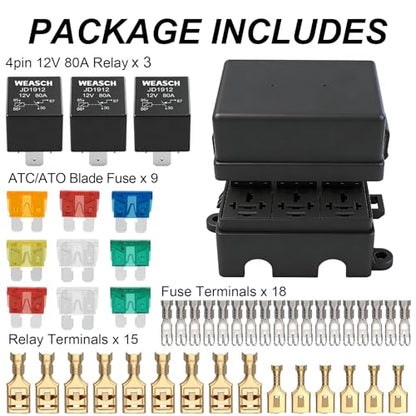 12V 9 Way Fuse Relay Box, 3x4-Pin 80Amp Relays and 9 ATC/ATO Blade Fuse Slots, for Cars Truck Marine Boat Jeep - size: 80A 3 Relay 9 Fuses, style: Box