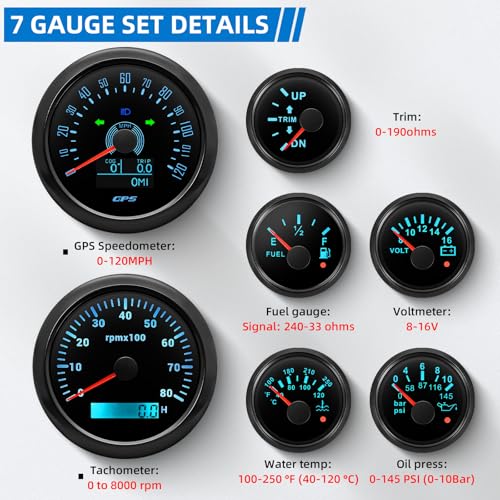 MH 7 Boat Gauge Set - 3-3/8" GPS Speedometer, Tachometer, 2-1/16" Oil Pressure Gauge,Fuel Level,Water Temperature,Voltmeter,Trim Marine Meter Kit Waterproof 7 Color for AUTO (Black) - color: Black