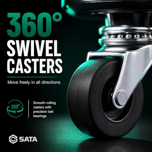 SATA Adjustable Rolling Shop Stool with Wheels, Heavy Duty 300 lbs Capacity Mechanics Chair, Rolling Garage Stool for Seated Work, 385mm Seat, 390mm Height