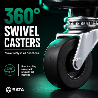 SATA Adjustable Rolling Shop Stool with Wheels, Heavy Duty 300 lbs Capacity Mechanics Chair, Rolling Garage Stool for Seated Work, 385mm Seat, 390mm Height