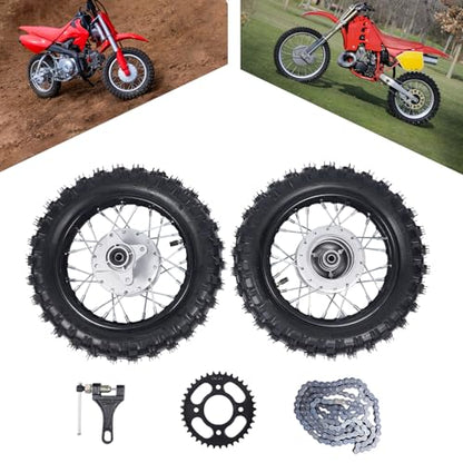 Pair Wheel Set, Front Rear Whell Rim Fit For Honda CRF50 XR50 BBR KLX Dirt Bikes, 2.50-10 Front Rear Tire Rim Wheel 2.5-10 Drum Brake Pit Bike CRF50 XR With Chain & Chain Plate