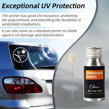 Calvana 1 fl.oz Windshield Primer, Urethane Primer for Automotive, Promotes Adhesion of Polyurethane Sealants, UV Resistant, Fast Drying, with 1 Pair Gloves, 2 Applicator Sticks, Black