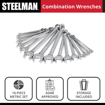 Steelman Pro 16-Piece Metric 6-Point Combination Wrench Tool Set, Durable Steel with Full Polish Chrome, Stamped Size Callouts - size: 16-Piece Metric Wrench Set